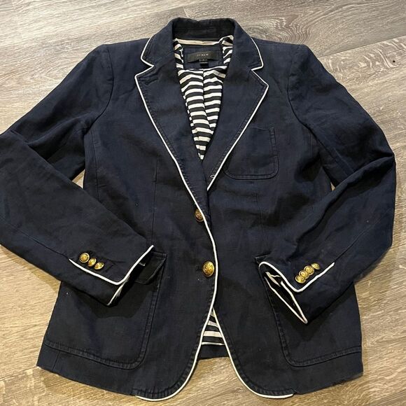 J. CREW Rhodes Navy Blue Blazer 100% Linen Nautical Crest Gold Buttons Size 6 - Picture 10 of 16